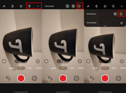 Drei Screenshots der Kamera-App zeigen die Einstellungen