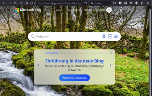 Screenshot der Bing-Suchmaschine mit Chat-GPT-Info-Banner