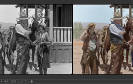 Eine alte Westernfilm-Szene, links in Schwarz-Weiss, rechts koloriert