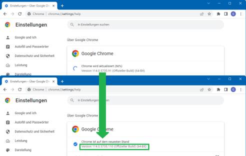 Zwei Screenshot-Ausschnitte: Chrome-Version vor und nach dem Udpate