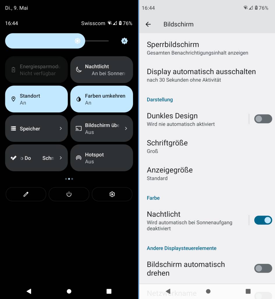 Links die erwähnten Optionen in den Schnelleinstellungen, rechts in der Android-Einstellungen-App
