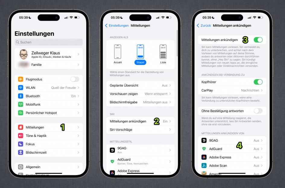 Drei iPhones zeigen, welche Apps Mitteilungen schicken dürfen