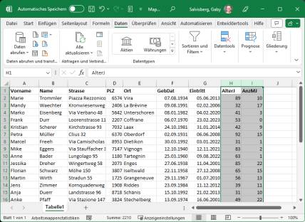 Screenshot einer Excel-Mitgliederliste mit Spalten "Alter" und "Mitgliedschaftsdauer"