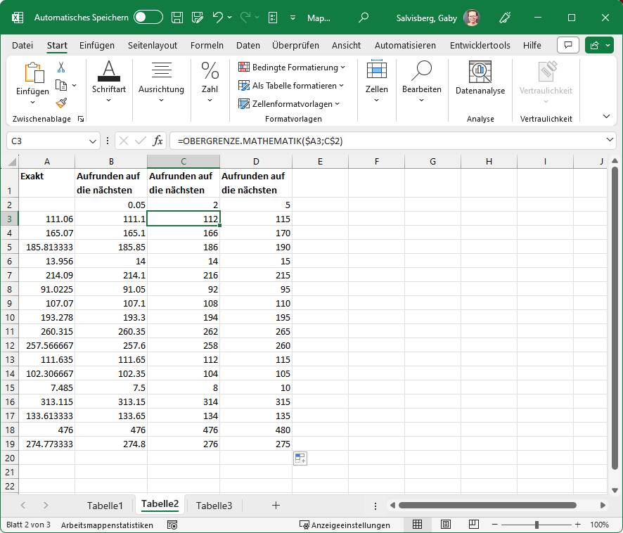 Excel-Tabelle mit nach verschiedenen Kriterien aufgerundeten Werten