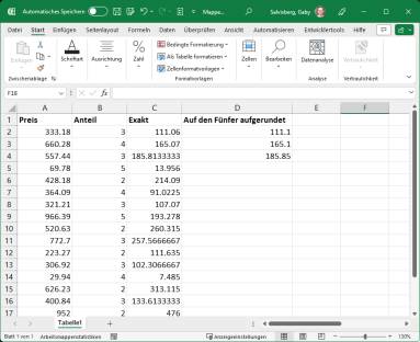 Excel-Tabelle mit aufgerundeten Beträgen
