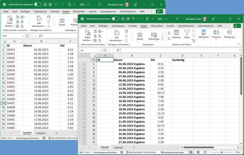 Excel-Liste mit mehreren Stundeneinträgen pro Datum, vor und nach der Gruppierung