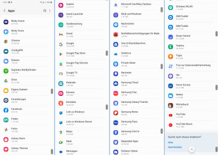 Vier Screenshots zeigen, wie viele Apps auf Samsung-Geräten vorinstalliert sind