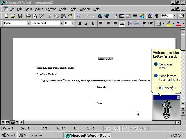 Microsoft Word 97 Document Editing with Clippy (1997).