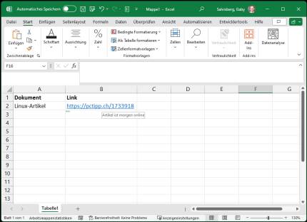 Ein Hyperlink in Excel, über dem ein kleiner Info-Text erscheint