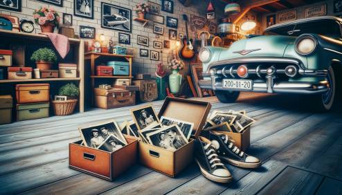 Eine Garage, in der Kisten mit alten Fotos stehen