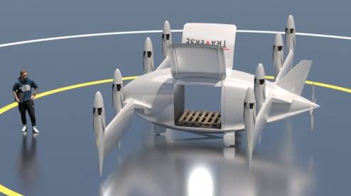 "Orca": Drohne mit geöffnetem Laderaum in der Startposition.