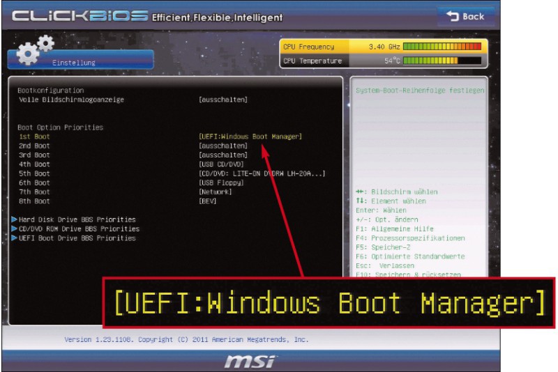 UEFI bootet Windows schneller: Bei PCs mit UEFI wird statt der Festplatte der Bootloader Windows Boot Manager als Startlaufwerk eingetragen. Dadurch startet Windows schneller.