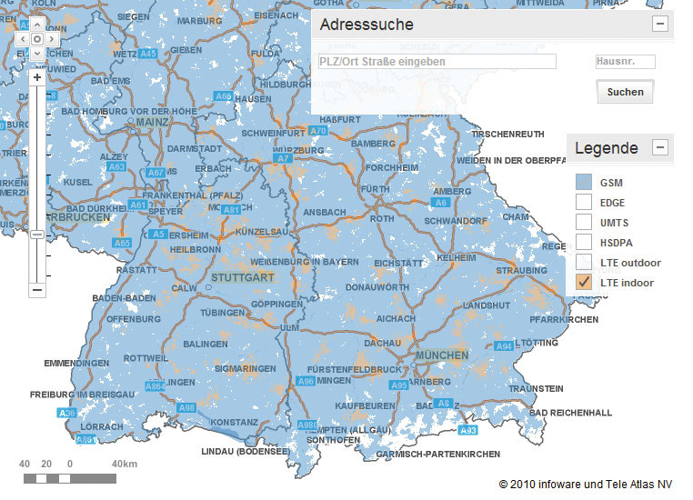 LTE-Ausbau: Die Karte zeigt, in welchen Gebieten der Bundesrepublik bereits LTE verfügbar ist. Sie sind sandfarben markiert (www.vodafone.de/privat/hilfe-support/netzabdeckung.html) (Bild 5).