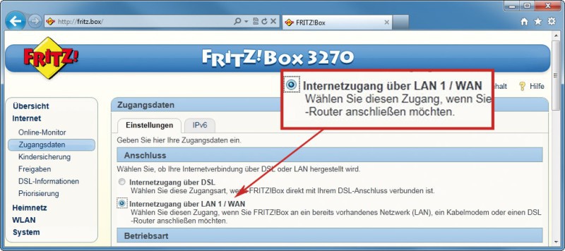 LTE-Modem verwenden:Wer seine alte Fritzbox als LTE-Router verwenden möchte, muss das LTE-Modem
mit dem Anschluss LAN 1 verbinden und die entsprechende Option in der Fritzbox aktivieren (Bild 1).