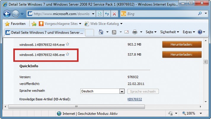 EXE-Datei besorgen: Holen Sie sich  passend zu Ihrem Windows - die 32-Bit- oder die 64-Bit-Version des Service Packs vom Microsoft-Server. Hier ist die 32-Bit-Version als EXE-Datei ausgewählt.