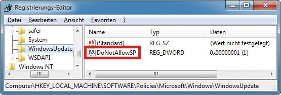 Service Pack blocken: Dieser Registry-Eintrag bewirkt, dass die Update-Funktion von Windows 7 das SP1 nicht zum Download anbietet (Bild 6).