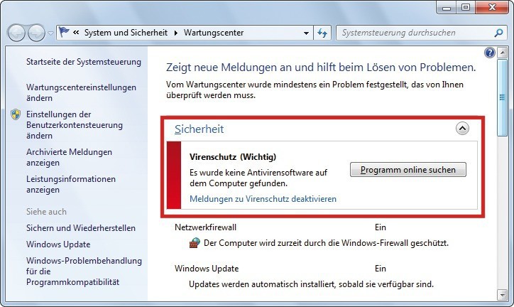 Sicherheitscenter: Auf diesem PC ist keine Antivirensoftware installiert. Wenn der Nutzer keine Schutzsoftware auf seinem Rechner haben will, kann er diese lästige Warnmeldung deaktivieren.