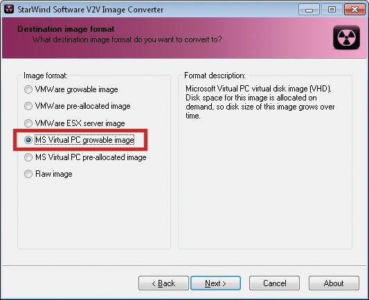 VHD als neues Format des virtuellen PCs festlegen: Wählen Sie hier die Option „MS Virtual PC growable image“.