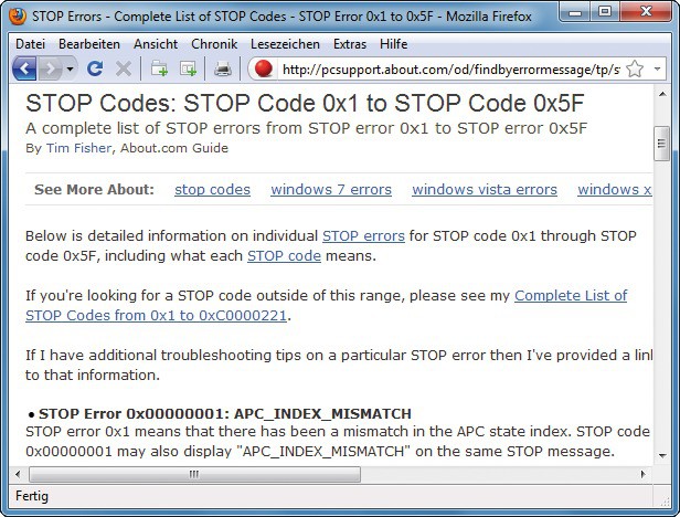 Fehlercodes im Überblick: Diese Webseite liefert für einen Großteil der Fehlercodes eine Beschreibung und gibt Tipps zur Lösung des Problems.