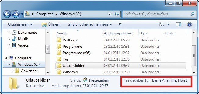 Eingeschränkter Zugriff: Der Windows-Explorer zeigt in der Statusleiste an, welche Benutzer oder welche Gruppen Zugriff auf den markierten Ordner haben.