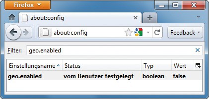 Standortbestimmung abschalten: Setzen Sie in Firefox den Einstellungsnamen „geo.enabled“ auf den Wert „false“.