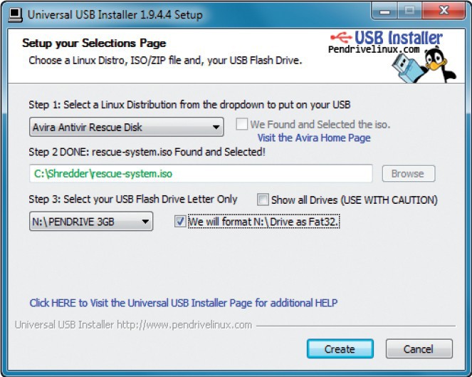 Universal USB Installer 1.9.4.4: Das Tool installiert unzählige Linux-Live-Systeme auf dem USB-Stick – hier das Avira Rescue System.