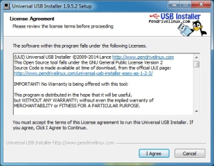 Beim Start von Universal USB Installer müssen Sie zunächst den Nutzungsbedingungen des Hersteller zustimmen.