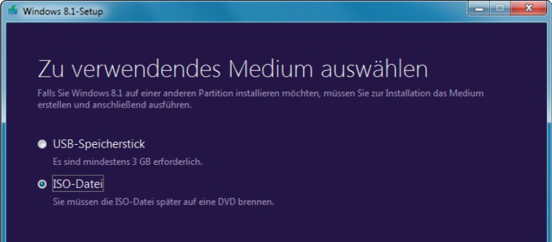 ISO-Datei herunterladen: Aktivieren Sie hier den Eintrag „ISO-Datei“, damit das Programm das ISOImage der Setup-DVD von Windows 8.1 erstellt.