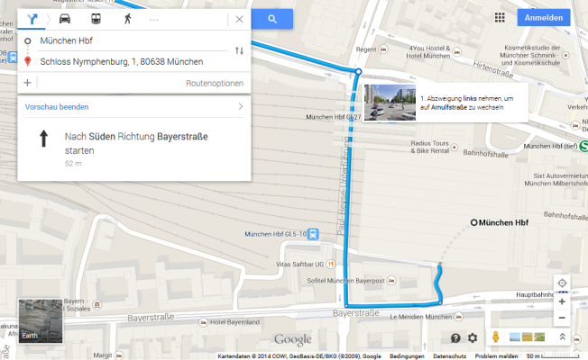 Der überarbeitete Routenplaner von Google Maps zeigt Ihnen Schnappschüsse zu jedem Abbiegepunkt Ihrer Route. Diese Abbiege-Vorschau realisiert Google mit Hilfe von Street View.