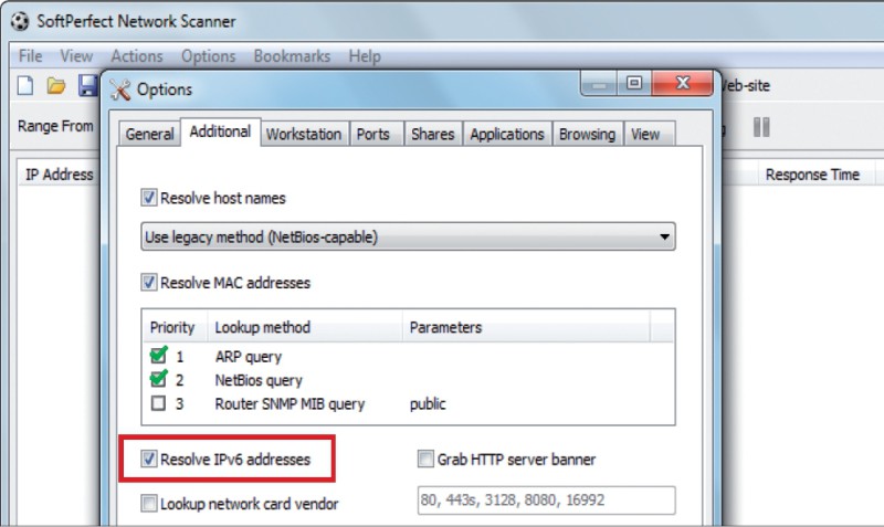 IPv6-Geräte anzeigen: Mit der Option „Resolve IPv6 addresses“ ermittelt Network Scanner sämtliche IPv6-fähigen Geräte im Netzwerk.