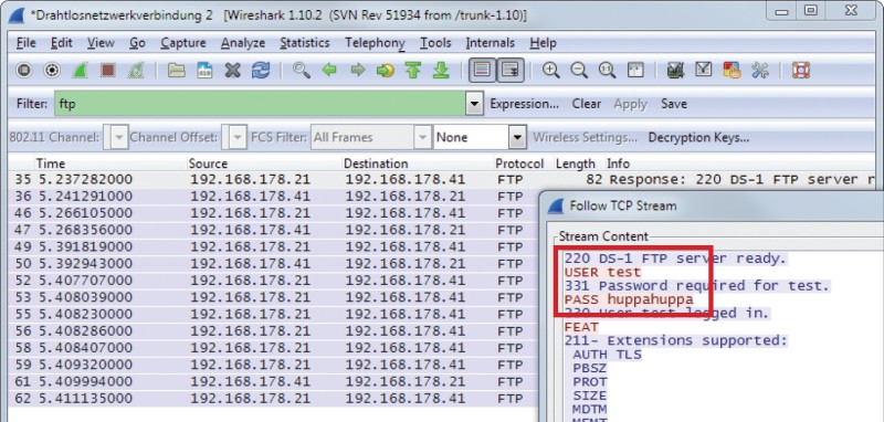 Passwort gefunden: Nachdem die FTP-Pakete aus dem Mitschnitt herausgefiltert sind, zeigt Wireshark mit der Funktion „Follow TCP Stream“ den gesamten Login-Vorgang inklusive Zugangsdaten an.