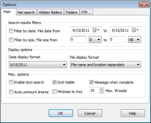 Das Register „Main“ bietet unter „Search Results filters“ das Filtern nach Datum („Filter by date“) und Dateigröße („Filter by size“) an.