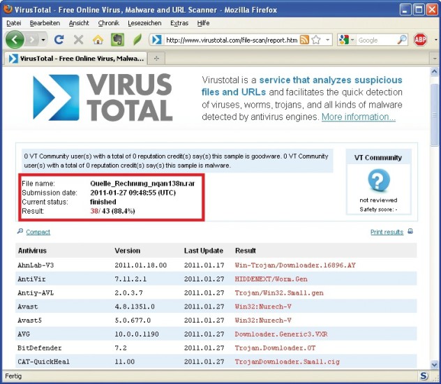 Check mit Virustotal: Die Seite prüft hochgeladene Dateien kostenlos mit über 40 verschiedenen Virenscannern.