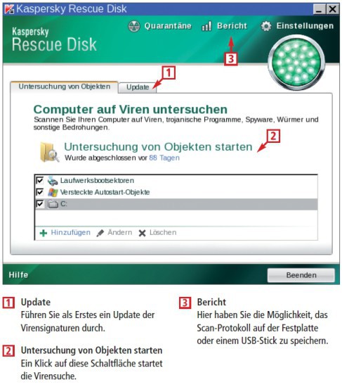 Die kostenlose Kaspersky Rescue Disk bootet Ihren PC von einer CD oder DVD. Die Live-CD führt dann einen Check auf Viren durch.