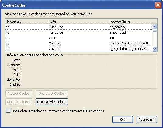 Cookie Culler: Die Firefox-Erweiterung löscht Cookies. Sie können einzelne Cookies davon ausnehmen.