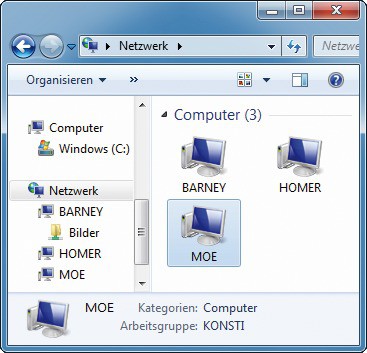 Netzwerkerkennung: Wenn Sie auf Ihrem Rechner die Netzwerkerkennung aktivieren, sehen Sie im Windows-Explorer andere Rechner im Netz, hier „BARNEY“, „HOMER“ und „MOE“. Ebenso ist Ihr Rechner für andere Nutzer des Netzes sichtbar.