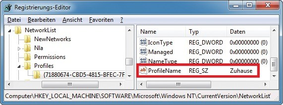 Netzwerkliste in der Registry: Windows weist den Netzen in der Registry kryptische Bezeichnungen zu. Im Parameter „ProfileName“ steht der Netzwerkname im Klartext, in diesem Beispiel „Zuhause“.