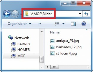 Auf freigegebene Ordner zugreifen: Auf Freigaben greifen Sie am schnellsten zu, indem Sie den Rechnernamen in die Adresszeile des Windows-Explorers eingeben.