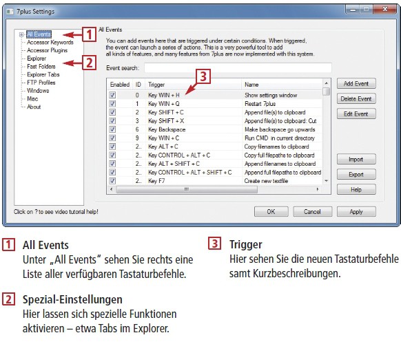 7 Plus stattet Windows mit neuen Tastaturbefehlen aus. Die Funktion „Fast Folders“ legt Bookmarks von Ordnern an, die sich dann mit Zahlentasten öffnen lassen.