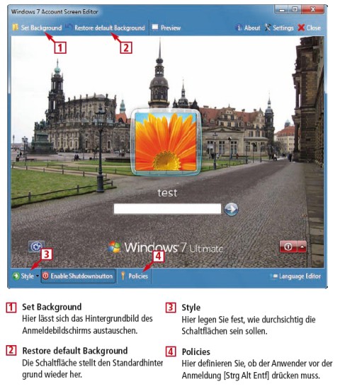 Windows 7 Account Screen Editor 2.0 baut in den Anmeldebildschirm von Windows neue Bilder ein und ändert die Transparenz der Schaltflächen.