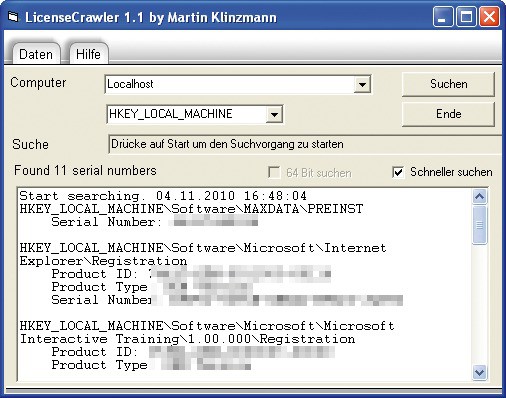 License Crawler: Das Programm rettet die Seriennummern auf Ihrem PC und speichert sie in einer Textdatei.
