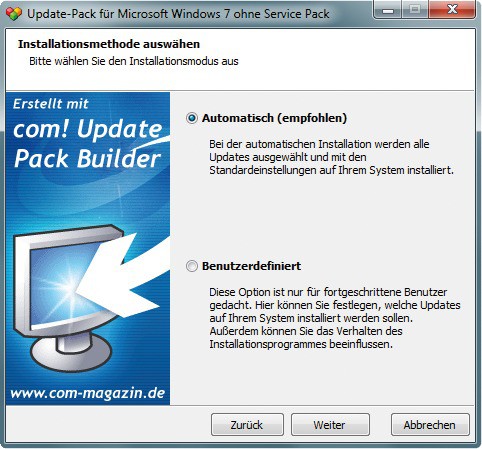 Windows-Update: Aktualisieren Sie das frisch installierte Windows mit dem in Schritt 1 erstellten Update-Pack.