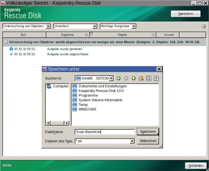 Scan-Bericht speichern: Die Kaspersky Rescue Disk 10 speichert den Scan-Bericht auf Wunsch zum Beispiel aufIhrem USB-Stick oder einer externen USB-Festplatte.