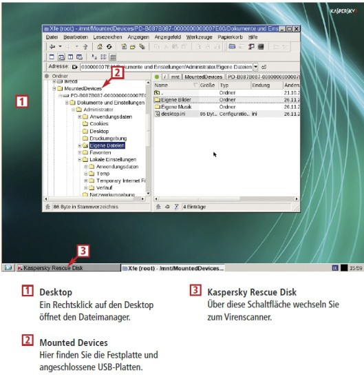 Die Kaspersky Rescue Disk sucht nicht nur nach Viren, sondern sichert auch Ihre Dateien. Sie basiert zwar auf Linux, lässt sich aber fast wie ein Windows-Programm bedienen.