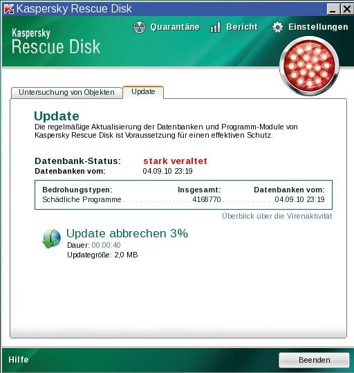Kaspersky Rescue Disk 10: Sie sollten vor dem Virencheck auf jeden Fall die Virensignaturen aktualisieren.