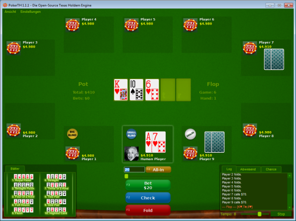 PokerTH ist ein Pokerspiel in der Variante Texas Hold’em. Sie spielen gegen bis zu zehn Spieler. 