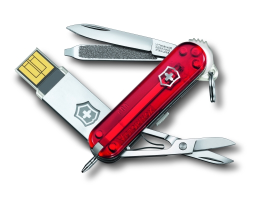 Für alle Fälle gerüstet: Das Taschenmesser Victorinox@work enthält neben einer Klinge auch Nagelfeile, Schere, Pinzette, Kugelschreiber und USB-Stick. Erhältlich ist es mit 16 GB und mit 32 GB Speicherplatz.