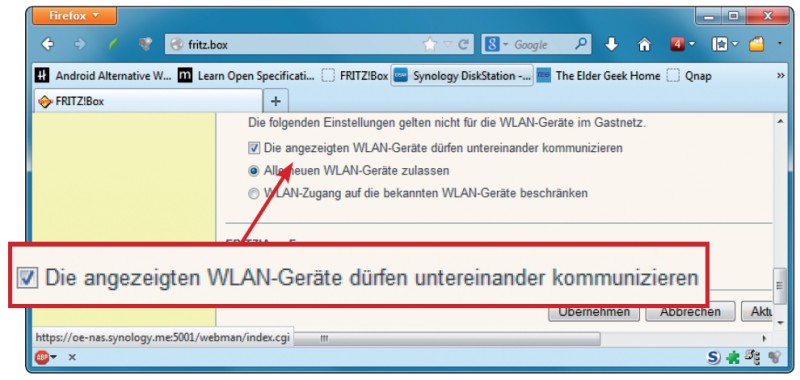 Fritzbox einstellen: Der Datentausch zwischen WLAN-Geräten über eine Fritzbox klappt nur, wenn Sie die Option „Die angezeigten WLAN-Geräte dürfen untereinander kommunizieren“ aktiviert haben.