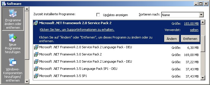 Vorbereitung: Der Update-Pack-Builder benötigt das .NET Framework 2.0 oder 3.5.XP-Nutzer kontrollieren unter „Systemsteuerung, Software", ob es installiert ist. In Vista und 7 ist es ohnehin enthalten.