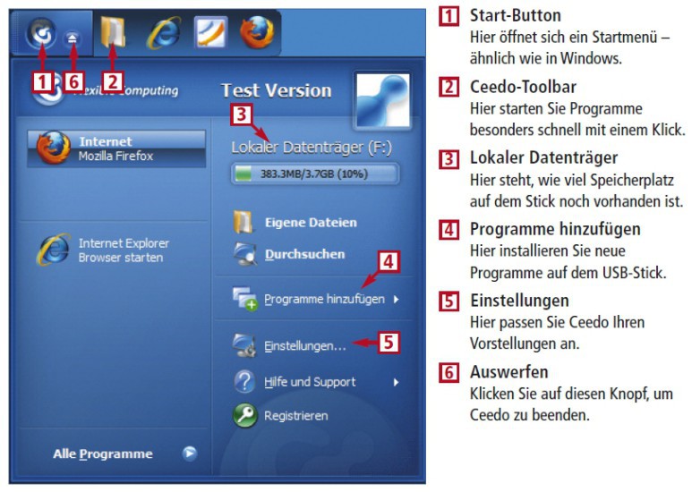 So geht’s: Ceedo Personal virtualisiert Programme (30 Euro, www.ceedo.com). Die virtualisierten Programme lassen sich auf einem USB-Stick mitnehmen (Bild 4).